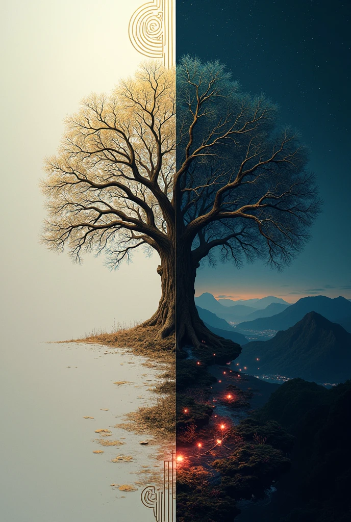Create for me an art with two divisions, A thin, showing a simple art, and the other thick one a nocturnal art. I want you to put several golden details on the thin part and the thick part., place a giant Yindrasil tree with several spotlights of different colors.