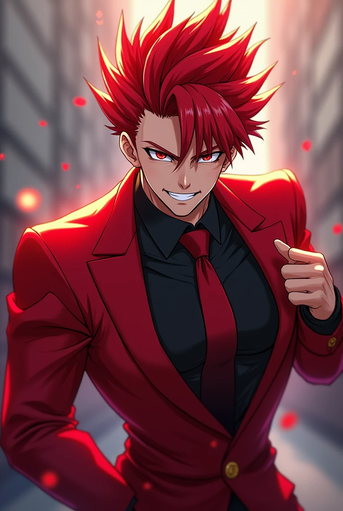 Male character in anime style with red hair and red suit with a mocking look