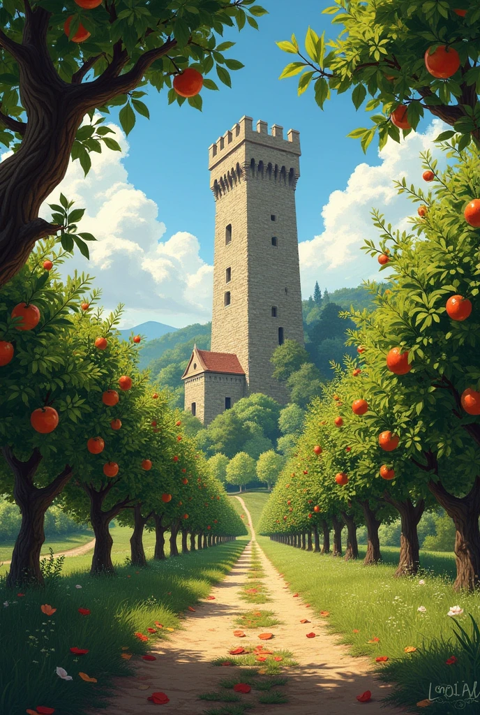 old tower surrounded by an orchard