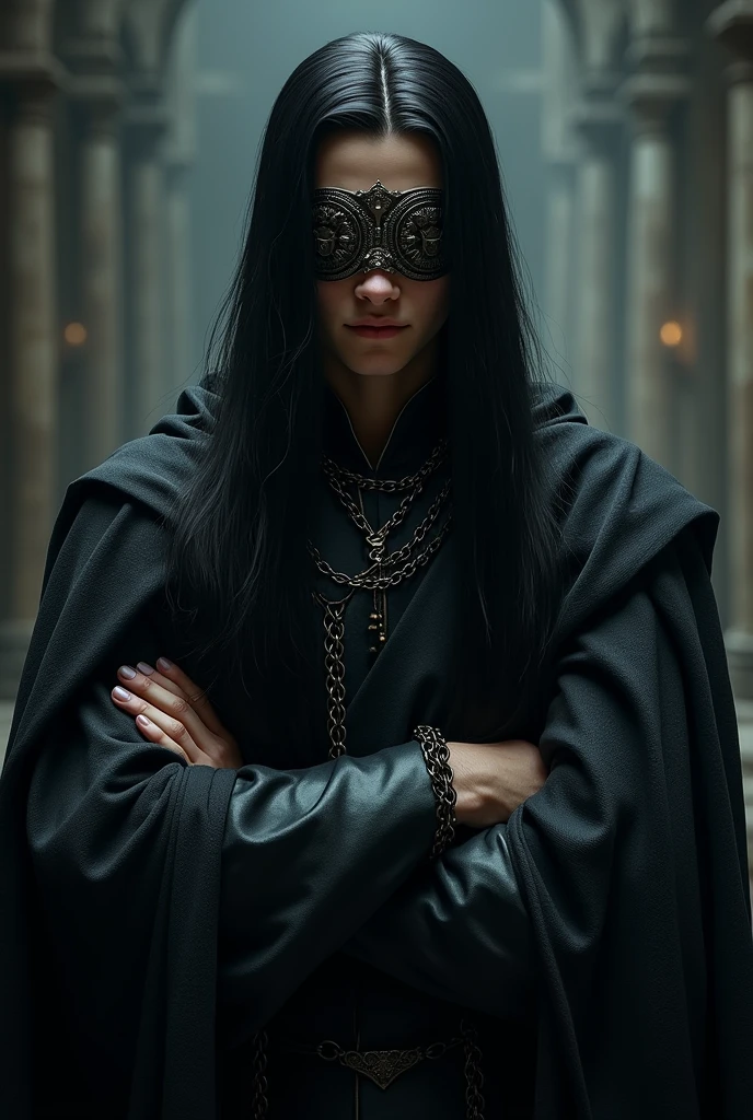 A young nobleman with long straight black hair, dark medieval robes and iron blindfolds with chained arms
