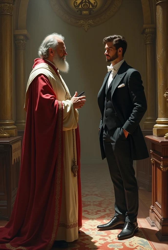 Image of a priest talking to a rich young man