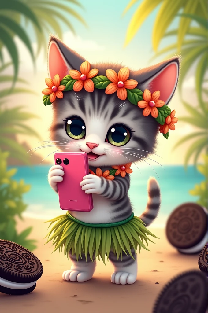 Drawing of a kawaii gray and white tabby kitten as a Tahitian dancer with a pink phone eating an oreo