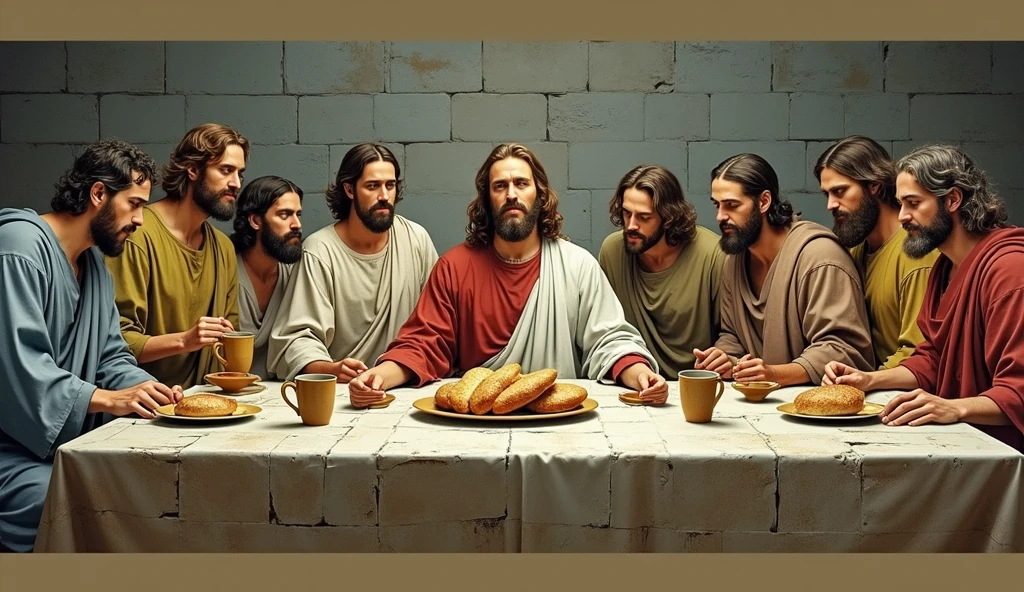 last supper, 12 disciples age 32, add some cups , wine and bread on the table in the style of Jesus time.