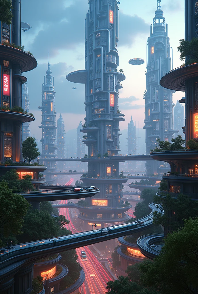 Aerial view of a futuristic city with sleek, towering skyscrapers made of glass and metal, interconnected by sky bridges and illuminated by neon lights. The cityscape features advanced transportation systems, including flying cars and high-speed trains on elevated tracks. Green spaces with vertical gardens and rooftop parks are scattered throughout, blending nature with technology. The skyline is dominated by innovative architecture with curved structures and glowing holographic billboards. The atmosphere is vibrant and bustling, with a clear night sky filled with drones and digital displays.