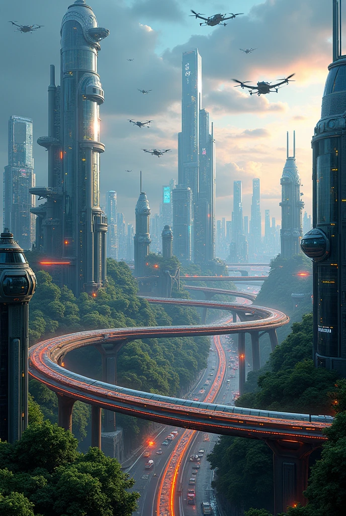 Aerial view of a futuristic city with sleek, towering skyscrapers made of glass and metal, interconnected by sky bridges and illuminated by neon lights. The cityscape features advanced transportation systems, including flying cars and high-speed trains on elevated tracks. Green spaces with vertical gardens and rooftop parks are scattered throughout, blending nature with technology. The skyline is dominated by innovative architecture with curved structures and glowing holographic billboards. The atmosphere is vibrant and bustling, with a clear night sky filled with drones and digital displays.