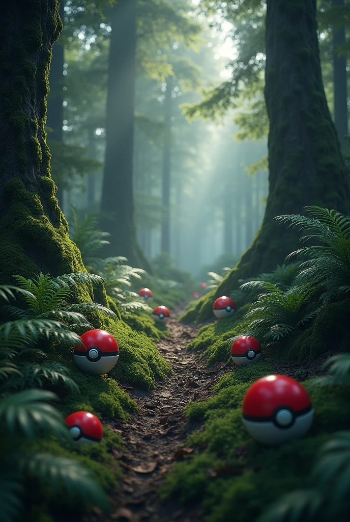 Realistic dark forest with Pokeballs in grass