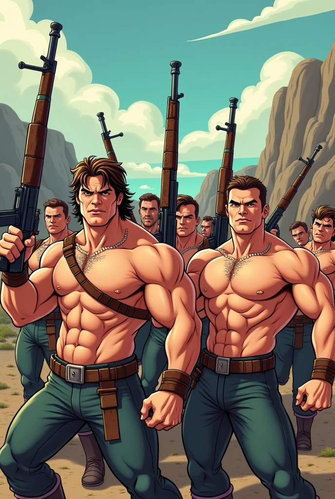 Shirtless men armed with rifles cartoon