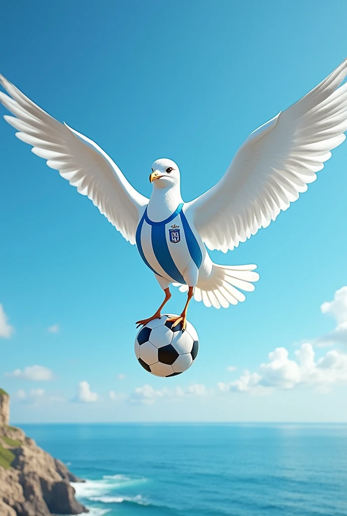 White seagull with a blue and white striped soccer jersey and a soccer ball on its foot