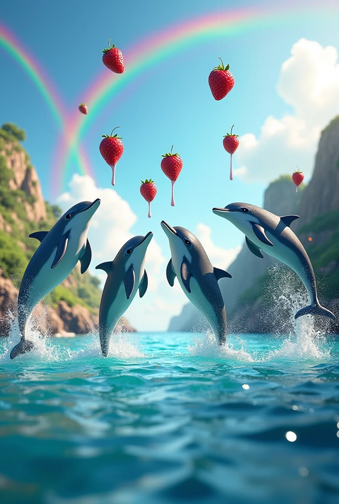 Dolphins jumping over the water to eat strawberries with cream but the landscape comes out green and with rainbows and pink touches 