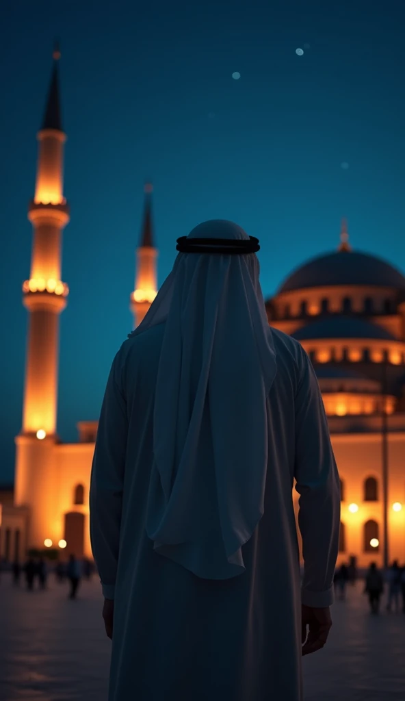 A man standing showing his backside upto backrest wearing a jubba and middle eastern ghutra is secured on the head with black cord, he is standing on right side,in the background there is a Turkey mosque having dark sky with some stars, this should be a night scene for wallpaper ((High Quality,Low light,Sodium light))
 
