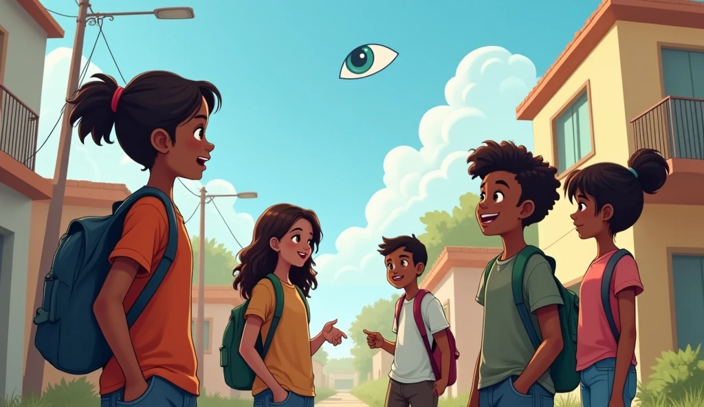brown agers interacting, in a community block on the outskirts with the illustration of a small eye in the sky