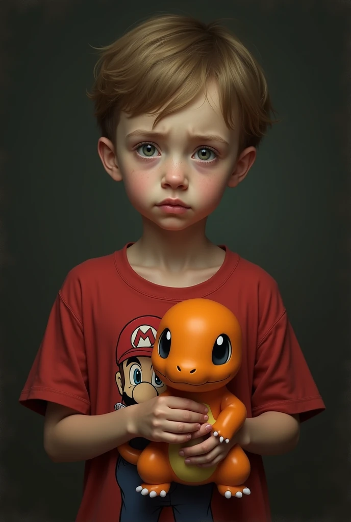 create a realistic  boy with a red shirt with mario bros face print , very short, light brown hair and fair skin, lightbrown eyes, fine nose, no freckles,thin body holding plush pokemon charmander in hand, malnourished and sad
