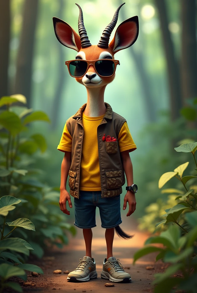 An okapi wearing sunglasses, shoes and clothes