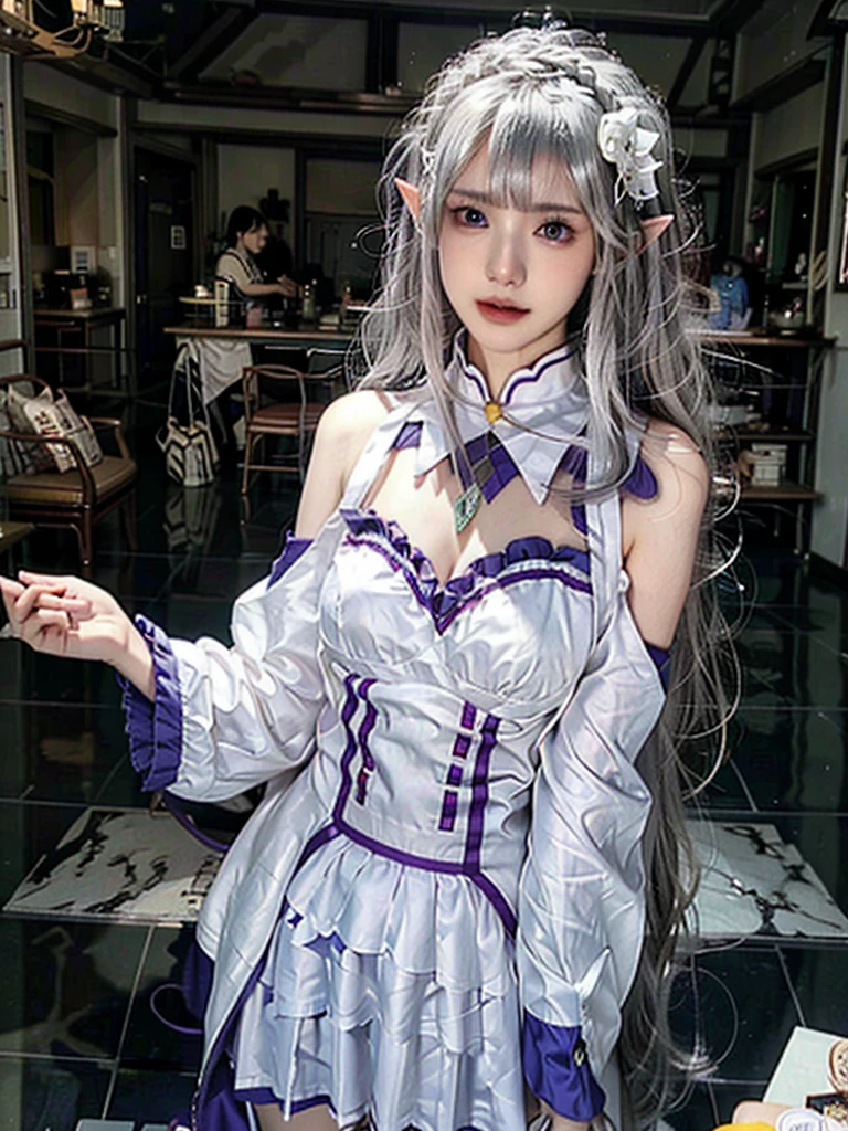 ulzzang-6500-v1.1,(raw photo:1.2),((photorealistic:1.4))best quality ,masterpiece, illustration, an extremely delicate and beautiful, extremely detailed ,CG ,unity ,8k wallpaper, finely detail, best quality,extremely detailed CG unity 8k wallpaper,absurdres, incredibly absurdres, big breats,sexy body,huge filesize, ultra-detailed, highres, extremely detailed,beautiful detailed girl, extremely detailed eyes and face, beautiful detailed eyes,light on face,cinematic lighting,1girl,(full body),(full-body shot),looking at viewer,outdoors, silver_hair, pointy_ears, purple_eyes, hair_ornament, hair_ribbon, lips