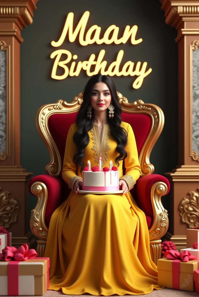 create realistic illusion image of a 24 old girl is sitting on king chair wear
yellow Pakistani dress and she is cutting birthday cake there are many royal gifts kept to it and ,3d text is written on the wall MAAN birthday