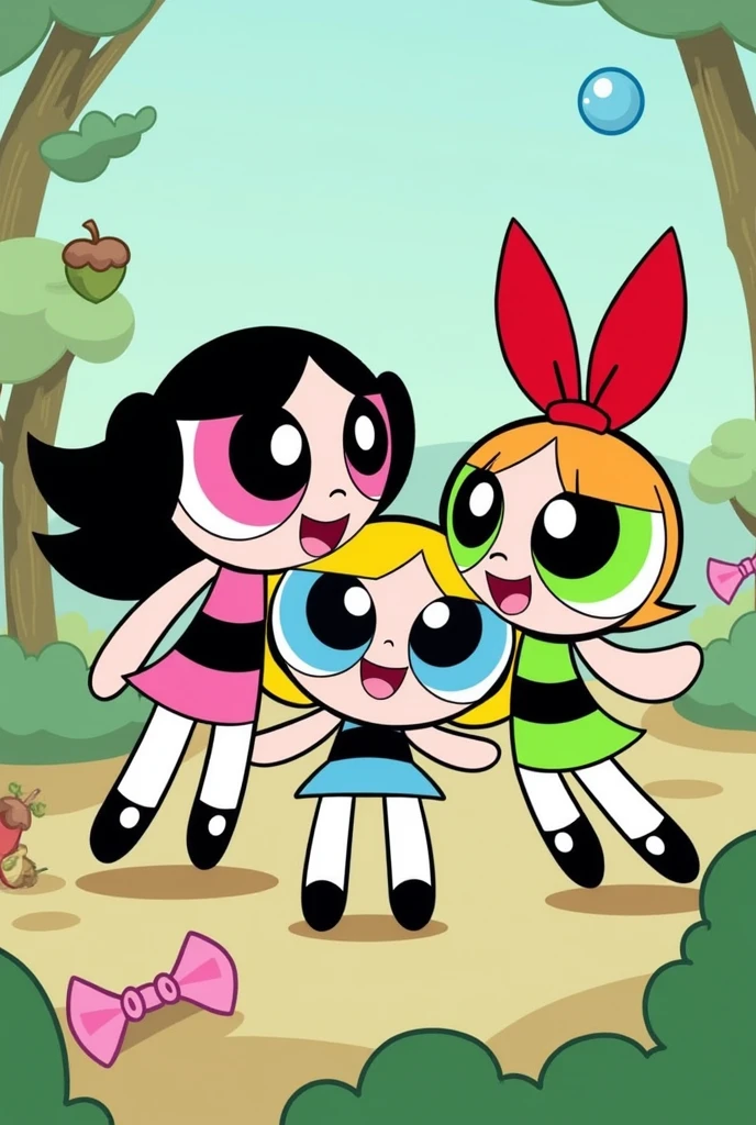 The powerpuff girls drinking alcohol laughing all together , green acorn, pink candy and blue bubble.. Please respect their colors , Let it not be so realistic