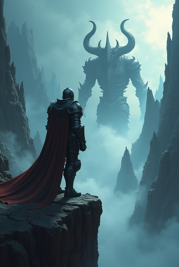 a knight standing on a cliff overlooking the bosses of the game Hollow Knight, high detailed, cinematic lighting, dramatic atmosphere, fantasy art, digital art, concept art, 8k, photorealistic