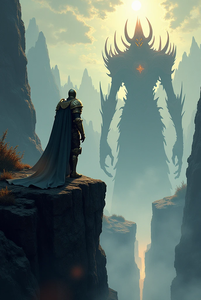 a knight standing on a cliff overlooking the bosses of the game Hollow Knight, high detailed, cinematic lighting, dramatic atmosphere, fantasy art, digital art, concept art, 8k, photorealistic