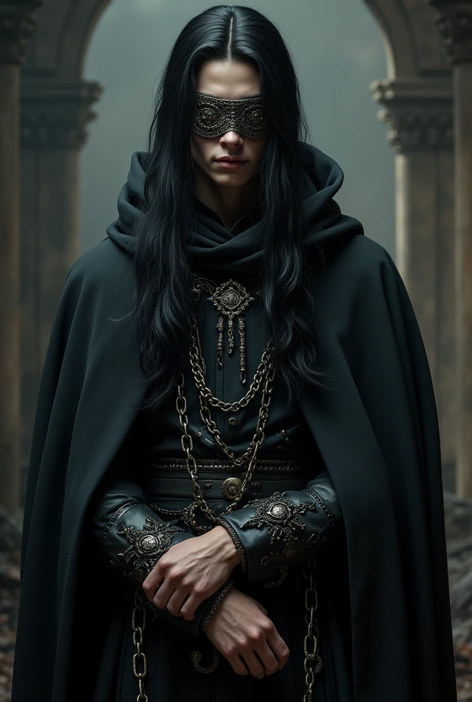 A young nobleman with long straight black hair, dark medieval robes and iron blindfolds with chained arms