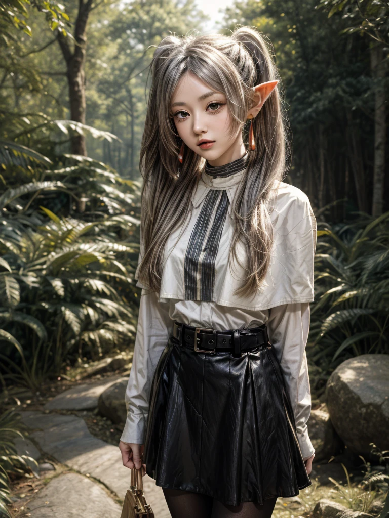 masterpiece, best quality, absurdres, 1girl, solo, FrierenBase, long hair, twintails, earrings, white capelet, striped shirt, horizontal stripes, long sleeves, belt, white skirt, gold-trim, black pantyhose, arms behind back, outdoors, forest,