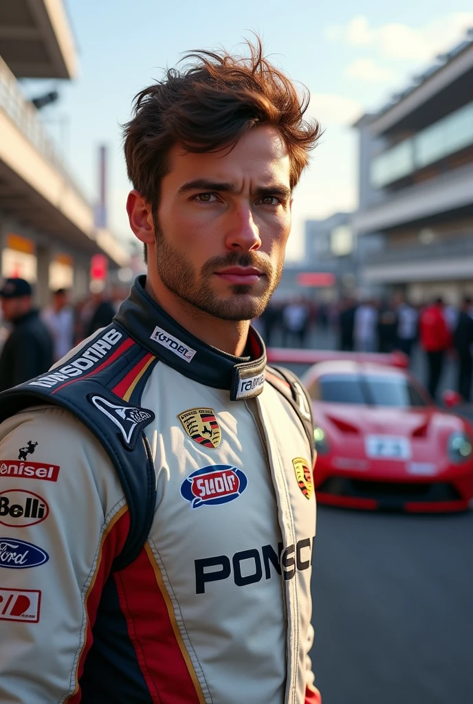 (Photorealism:1.2), Porsche Cup male driver with brown hair and eyes in front of the pitlane 8k ultra realistic