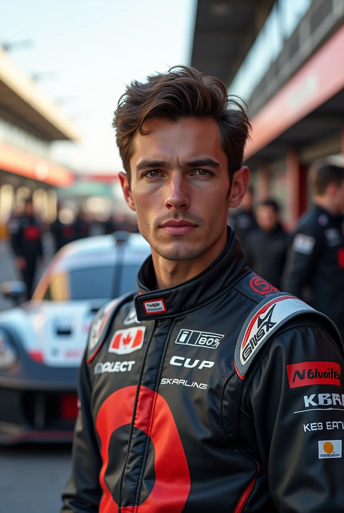 (Photorealism:1.2), Porsche Cup male driver with brown hair and eyes in front of the pitlane 8k ultra realistic 