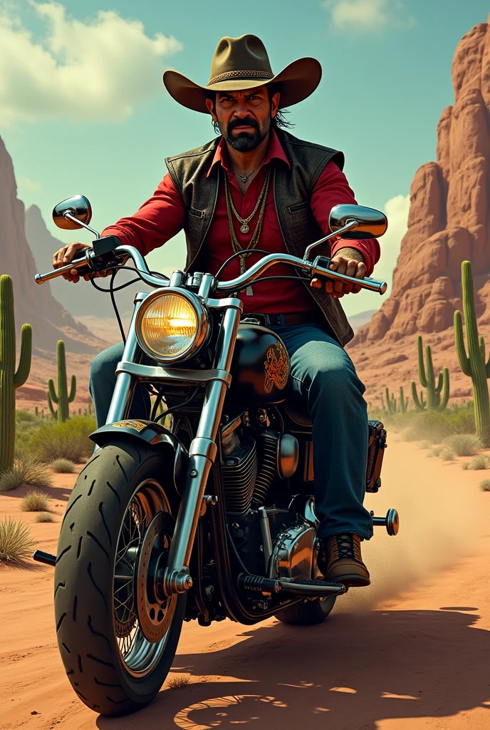 Lampião Riding a Harley Davidson with Satan's shirt and vest.