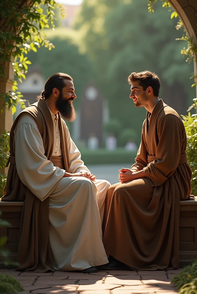 Image of a priest talking to a rich young man,  they are both sitting on a bench