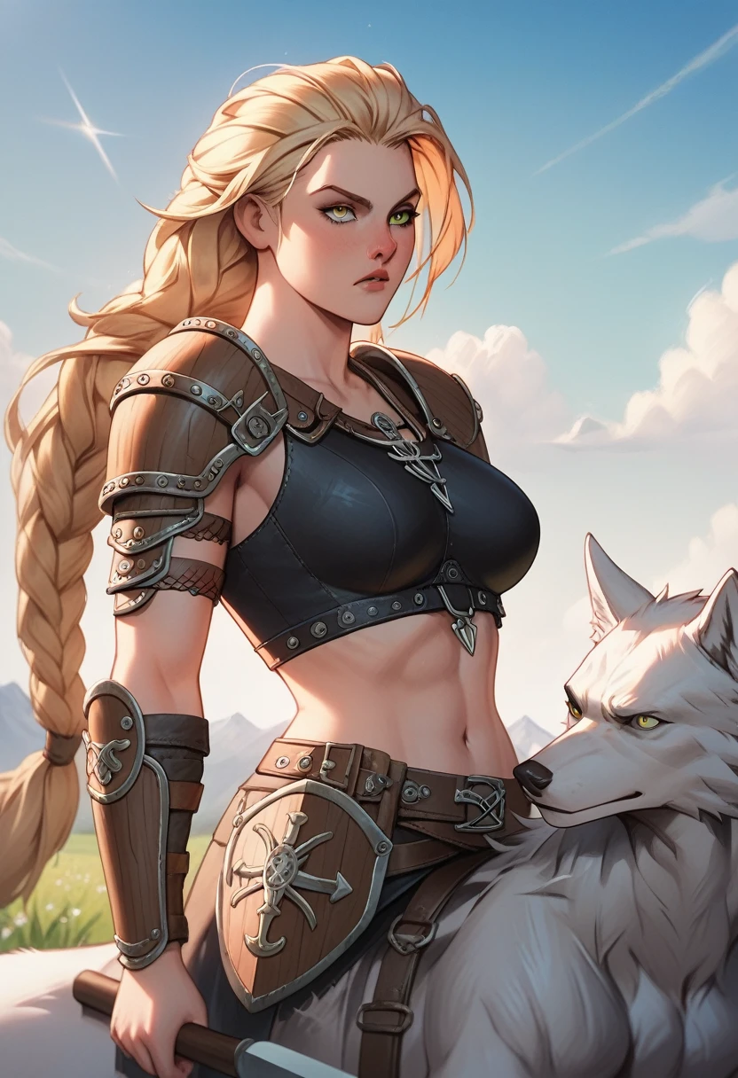 (Masterpiece), very detailed, expressive eyes, perfect face, Viking themed, Viking girl, 1girl, solo focused, riding a black dragon, serious expression, grass field, huge valley, riding long braided hair, cerulean eyes, lean muscle, wolf pelt, blue tribal tattoo, leather armor, metal shoulder guards, impatient expression, petting a dragon, axe holstered, tall