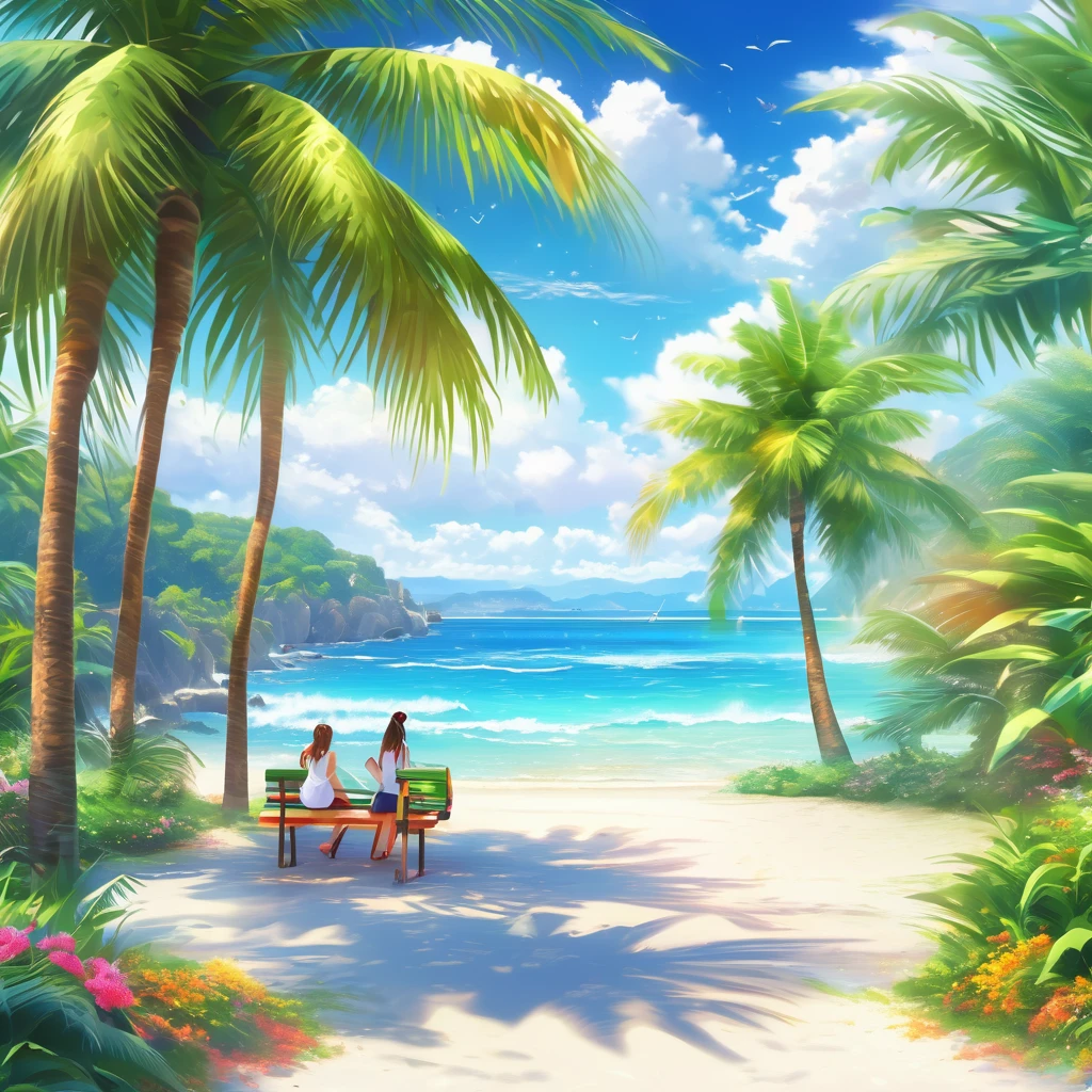 Sparkling sea and tropical sea, Fluffy white clouds and clear sky, Palm trees along the coast, blurred background,A pleasant sea breeze,High school girls,ponytail,laugh,glitter effect,best quality, 4K, 8k, high resolution, masterpiece:1.2, very detailed, realistic:1.37, high resolution, 超high resolution, Ultra-fine painting, sharp focus, Physically Based Rendering, very detailed explanation, professional, vivid colors