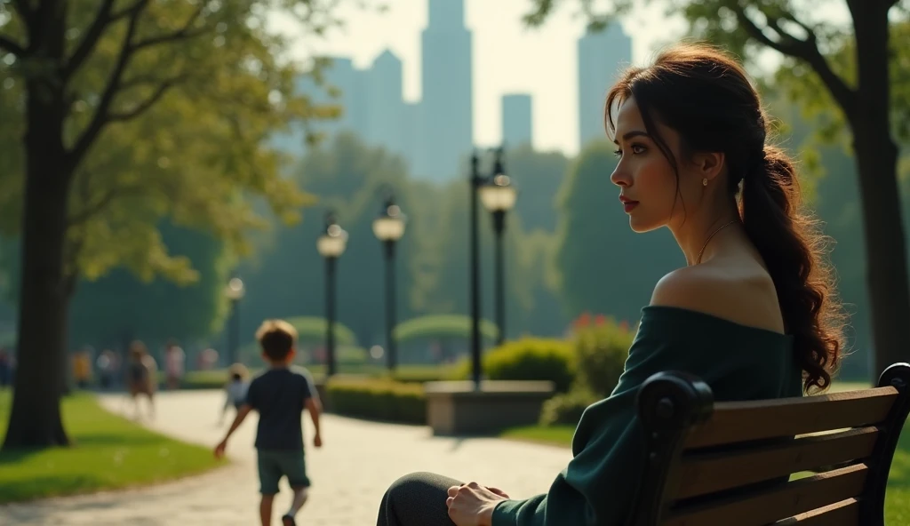 in the city, on a park bench, woman, beautiful, sad, watching a child, playing, cinematic, realistic, 4k