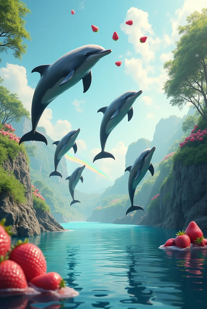 Dolphins jumping over the water to eat strawberries with cream that are above the water but the green landscape comes out with rainbows and pink touches