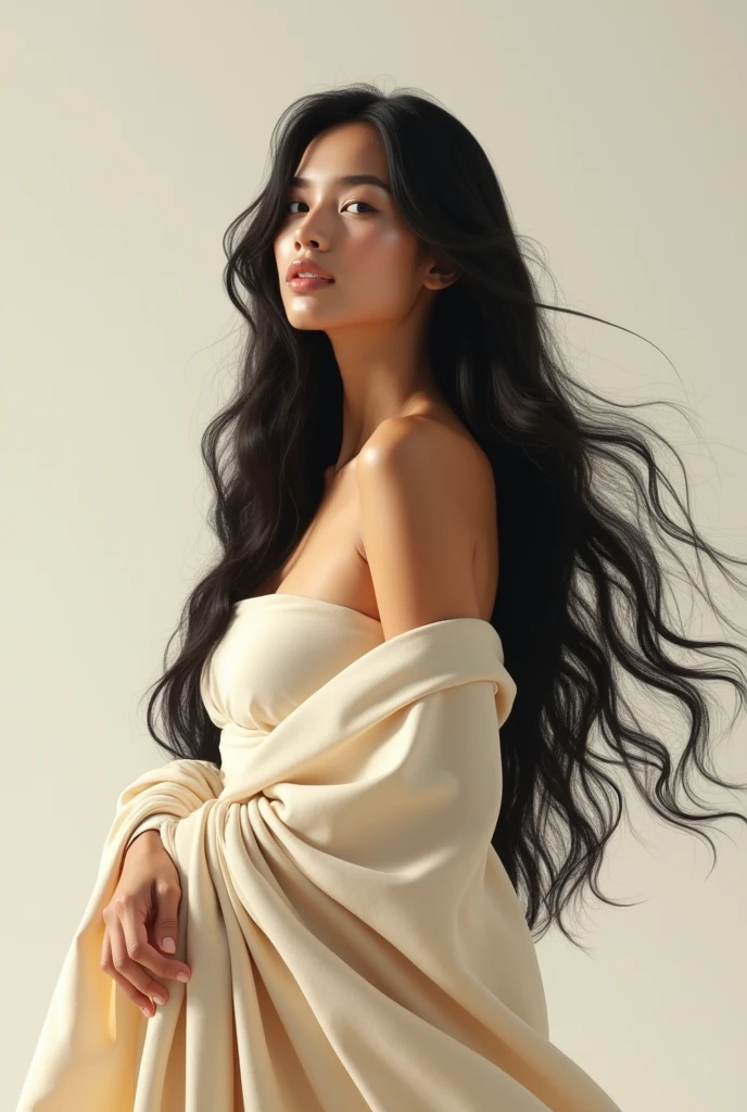 a white woman who has and long black hair for oil brand advertisement but
natural and mid body and cover cloth