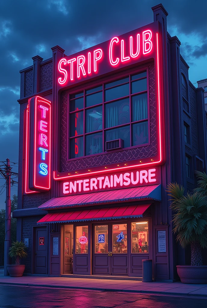 Anime style art strip club facade, without people