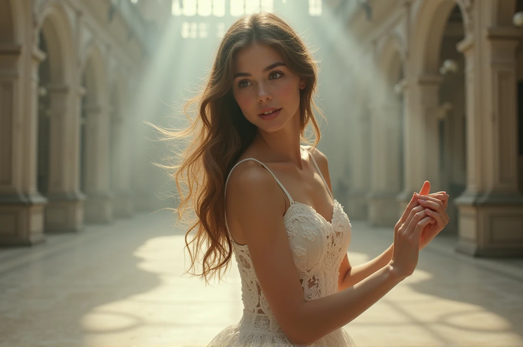 fot, taken from a distance seen full length, Female model, She is very young, plein-air, in a ballroom, sexy short dress, medium hips, Caucasian skin, sad for a lost love, long brown hair, a softened wry smile - contained excitement, Soft lighting on your face, realistic skin-clothes-hair textures, sky blue eyes carpeted mist, beautiful real textures and delicate aesthetics, full body view, dancing, notable for natural feminine beauty, noise, 8 k quality, FOTO RAW, by professional photographer, rule of thirds, Extremely Detailed
