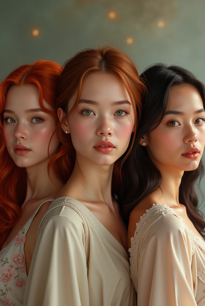 a redhead, a brunette girl, and an Asian