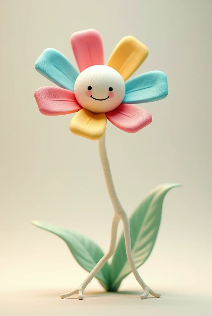 White flower with 6 small colored petals with white and light green legs and smiling
