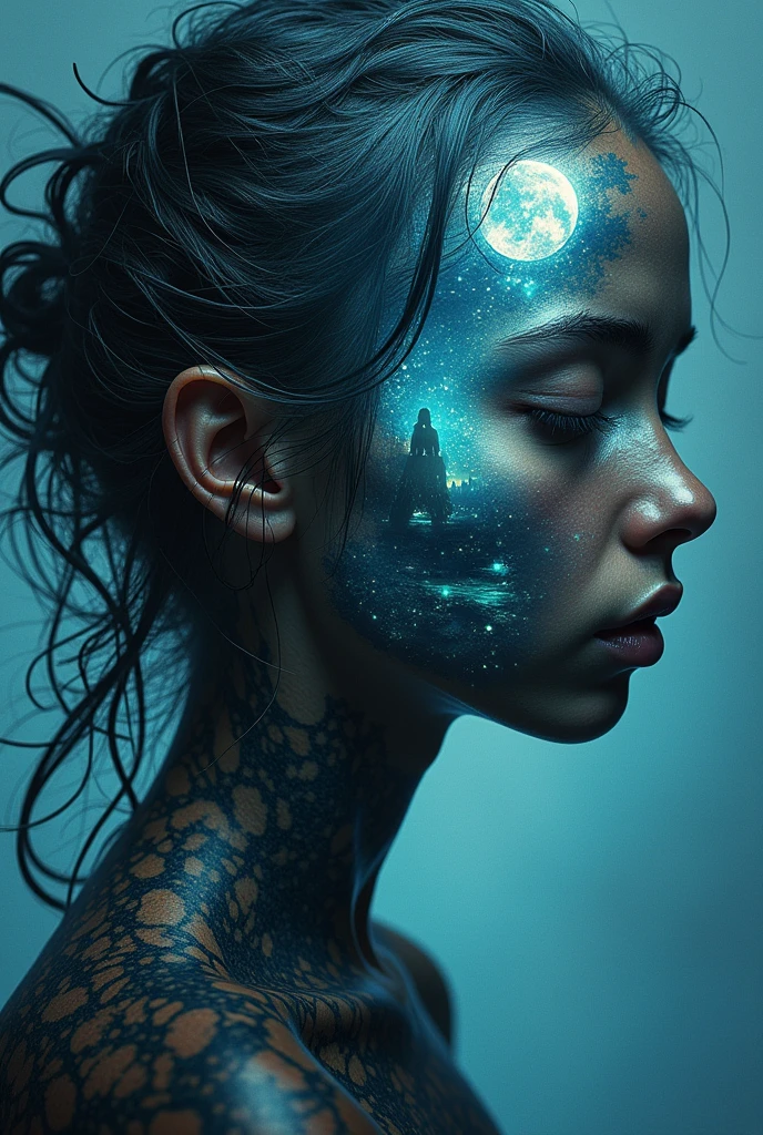 A (((vividly drawn (((top view of a corupted dark nightsky girl))), with flowing, (((melting skin))), that seamlessly blends into a (((double exposure where the glowing, ethereal silhouettes of her ghostly form intertwine with the backdrop of a fantastical landscape. The scene is bathed in a whimsically unsettling glow, with a (((ghostly figure subtly emerging from the intricate patterns of the nightsky.))) The girl's features are strikingly realistic, with intricate details that defy the realm of imagination, (((the girl's skin is extremely dark and beautifully drawn with exquisite detail.))) The double exposure is highly detailed and ultra realistic, with a high degree of detail that transports the viewer into a truly mesmerizing visual spectacle.