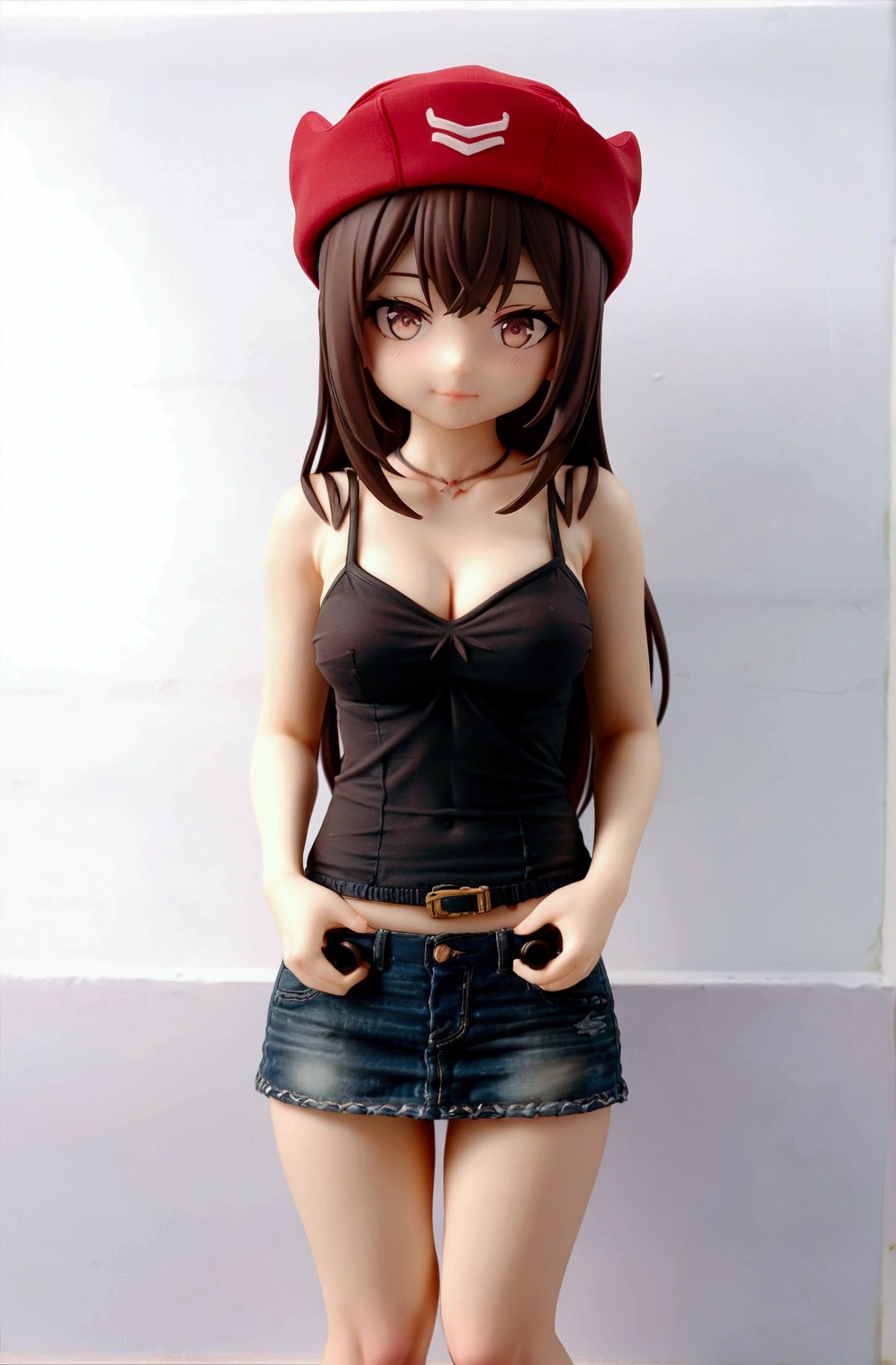 slim anime figurine of red hat young woman is posing for shooting a photo, she has long straight hair, wears black camisole, denim pencil mini skirt, (1girl, solo, full body), (masterpiece, best quality), (expressive eyes, perfect face)
