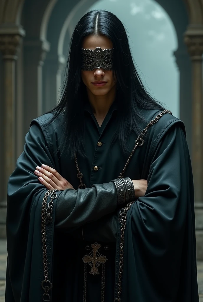 A young nobleman with long straight black hair, dark medieval robes and iron blindfolds with chained arms