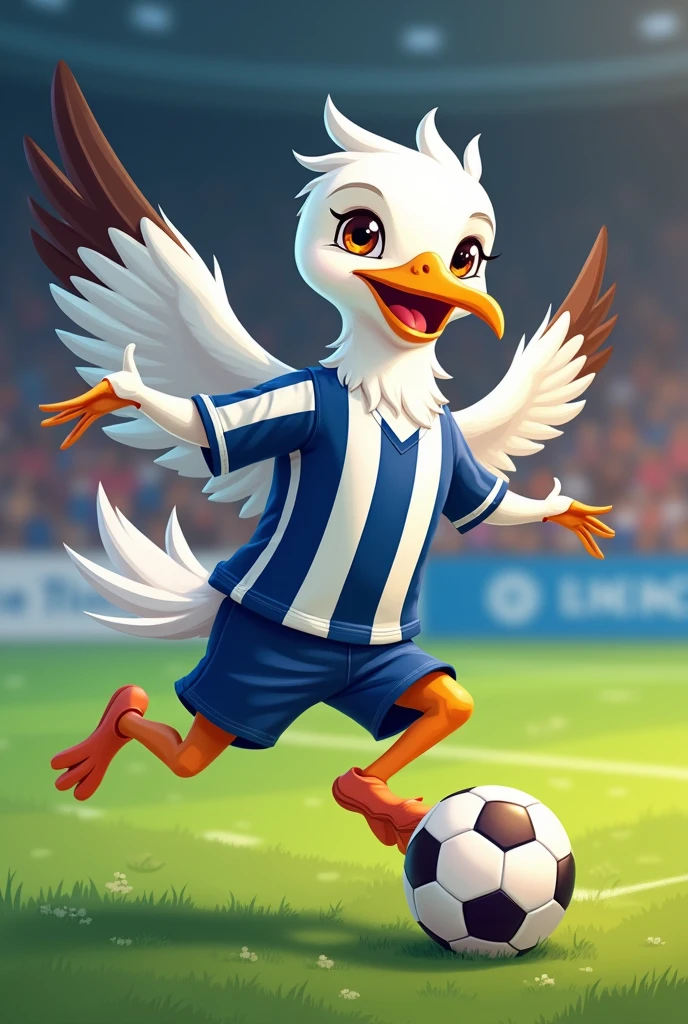 Cartoon of a white seagull wearing a dark blue and white striped football shirt playing football