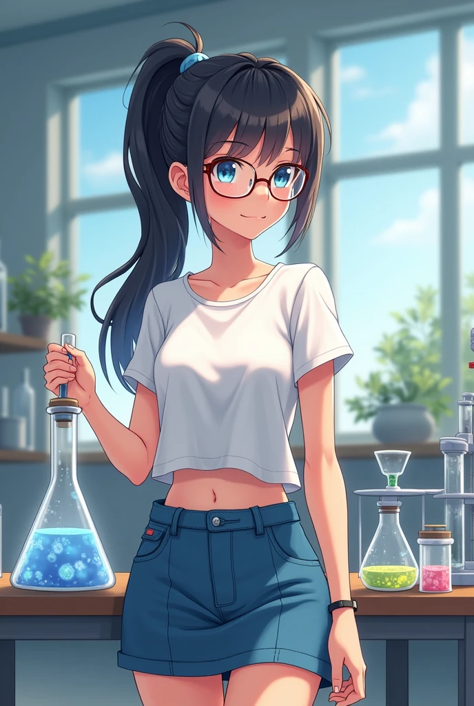 A town young big girl wearing specs and tied hair in a ponytail wearing white tshirt and blue mini skirt. She doing science experiment in lab