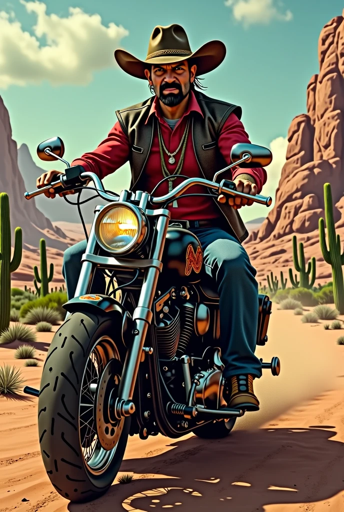 Lampião Riding a Harley Davidson with Satan's shirt and vest.