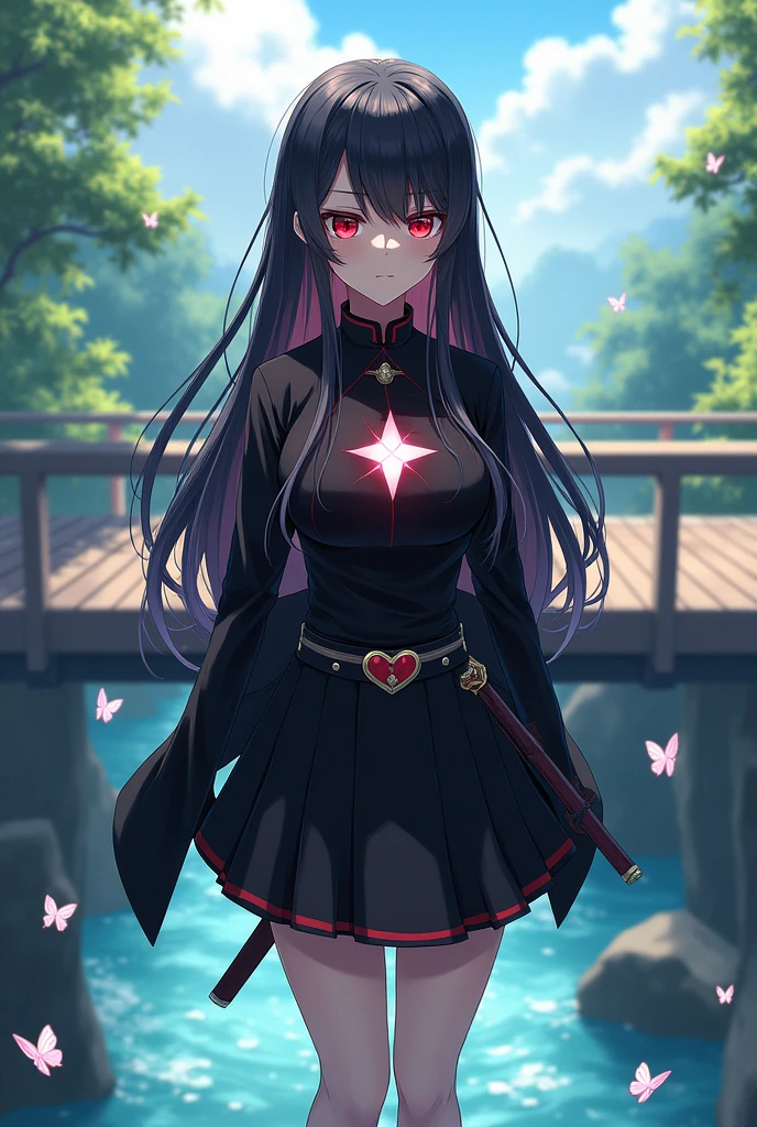 create a female character with the style of the Demon Slayer anime/Kimetsu no Yaiba.
extremely long straight black hair. red eyes with a white star in the middle instead of the normal pupil and a neutral expression on his face. wearing the female uniform of the Oni Hunter Squad, a black skirt and a black long-sleeved shirt with a heart-shaped neckline like the one Mitsuri Kanroji wears in her uniform, and a black haori mixed with red at the tip. Background, the same one on top of a bridge below a crystal clear stream on a sunny day, with some butterflies flying around him and with his sword sheathed and placed on the belt at his waist. Use the animation style of Kimetsu no Yaiba/Demon Slayer.