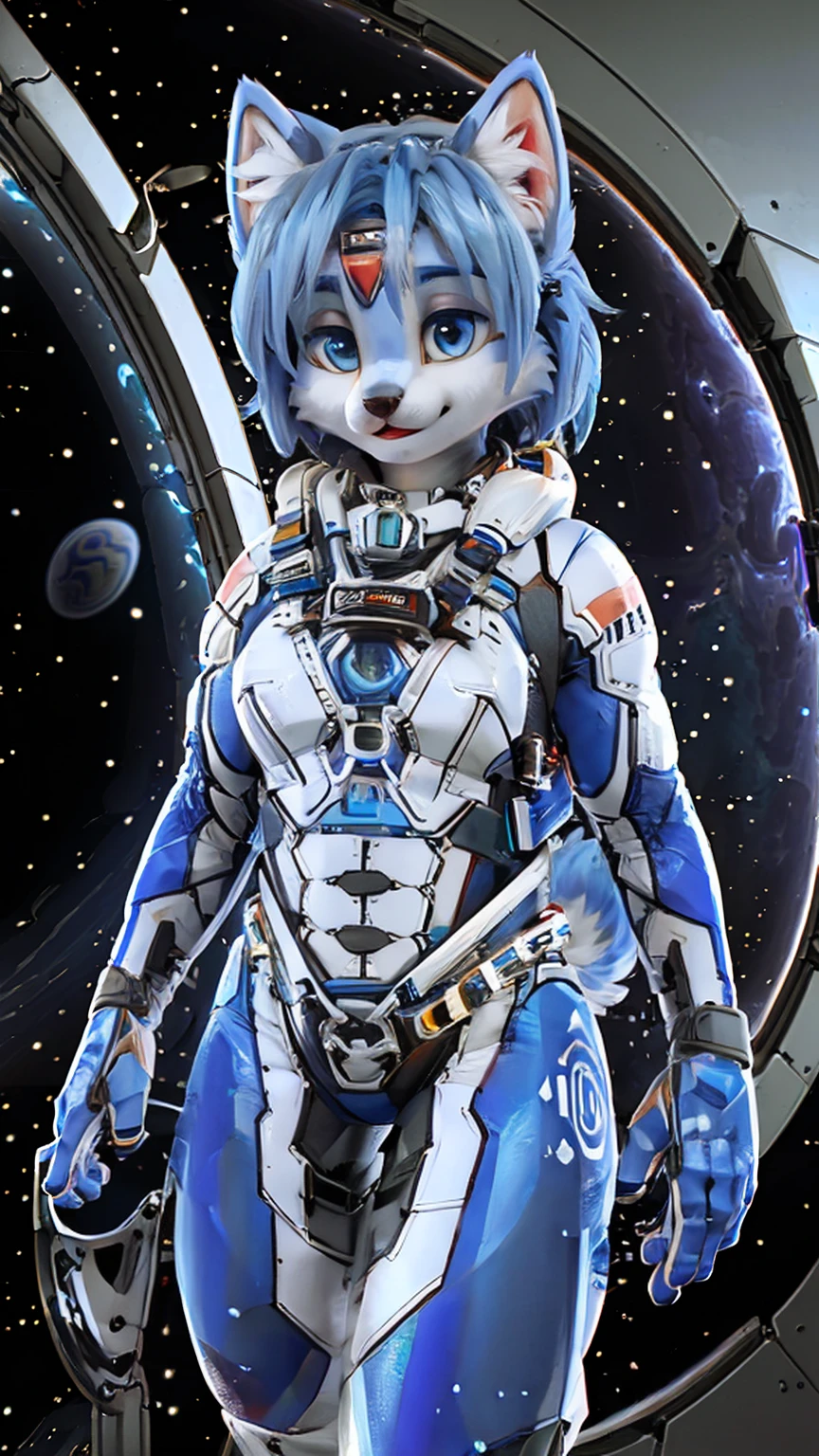 a picture of ((krystal)), Star Fox krystal, sslim, lovable, green eyes, medium breasts, (((Long blue hair 1.3))), Decollete, anthro, furry, Uploaded E621, detailed fluffys fell, (von Fluff-Kevlar, Bayard Wu, Pino Daeni), detailed face, (fluffy), 1 girl, alone, sweet girl, (((hole body))), (((trägt einen gepanzertzen lila spacesuit:1.3))), (((floating in space))), galaxy, spacesuit,