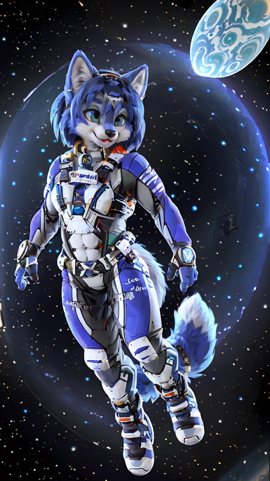 a picture of ((krystal)), Star Fox krystal, sslim, lovable, green eyes, medium breasts, (((Long blue hair 1.3))), Decollete, anthro, furry, Uploaded E621, detailed fluffys fell, (von Fluff-Kevlar, Bayard Wu, Pino Daeni), detailed face, (fluffy), 1 girl, alone, sweet girl, (((hole body))), (((trägt einen gepanzertzen lila spacesuit:1.3))), (((floating in space))), galaxy, spacesuit,