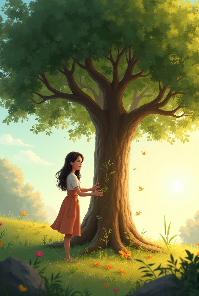 Finally, capture a moment where Lily, now inspired, adds her own act of kindness, contributing to the tree’s growth,