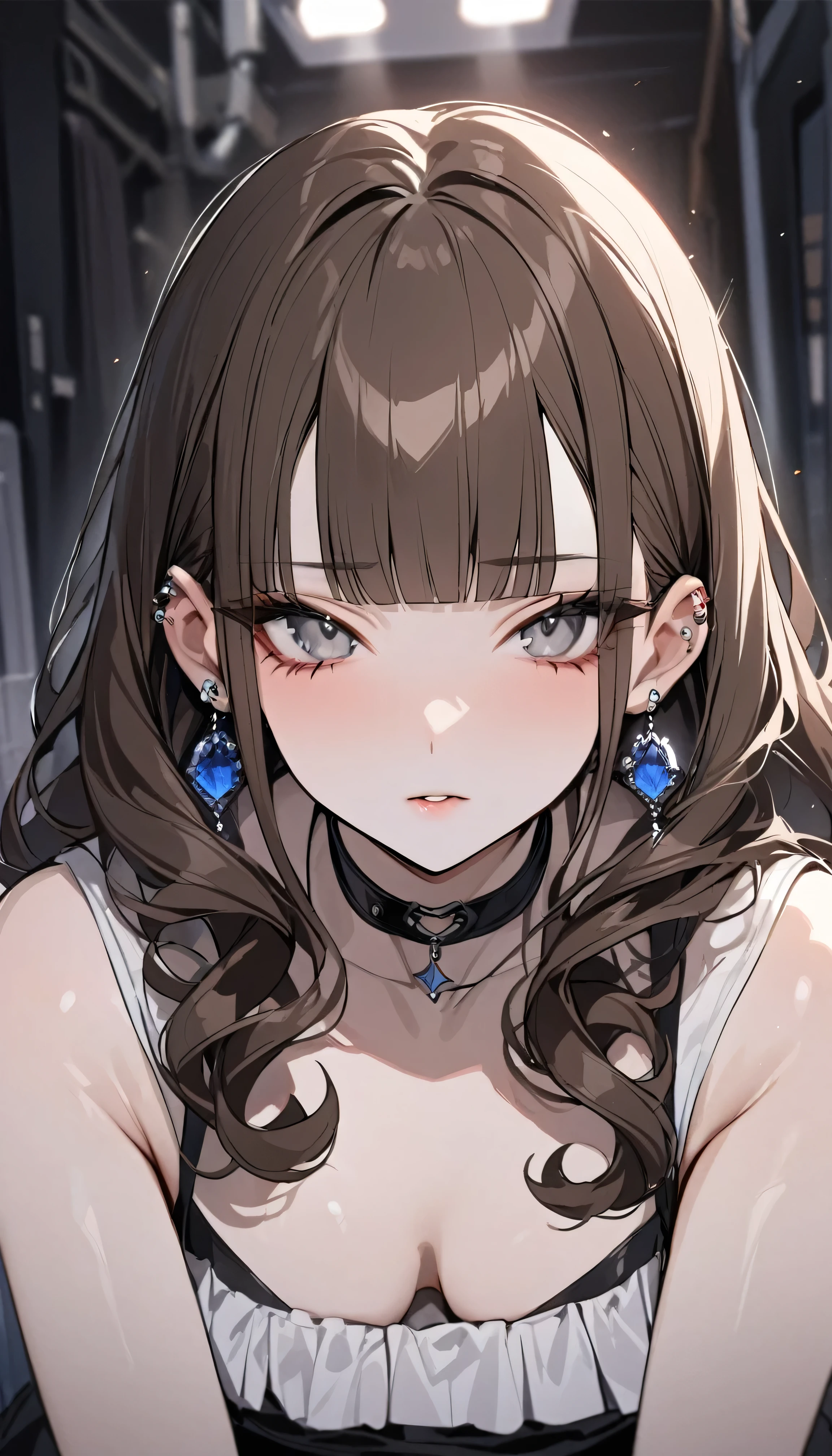 masterpiece, Highest quality, Pixiv, Cool girl, there are a lot of earrings, Earrings, Dark brown hair, Curly Hair, Blunt bangs, Straight bangs, Grey Eyes, Pale skin, Gal, Improve