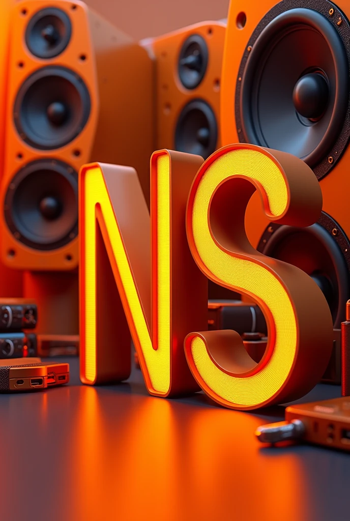I want you to generate an image for me that has the words New Sound in capital letters, N and S, with an elegant font., that they wear a lot of orange colors that match and put speakers and car sound systems around it but don't put people and the orange background and make it look futuristic