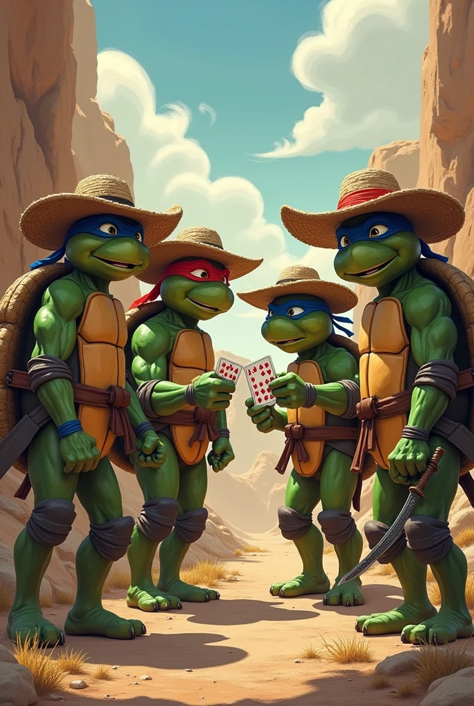 The four ninja turtles with straw hats in the backlands holding a playing card